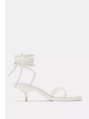 Zara White Strappy Ankle-Tie Kitten Heel Sandals.
